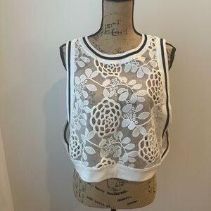 Hot Kiss White Lace Navy Blue Trim Cropped Festive Top, XL